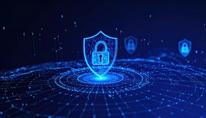 Glowing digital shield with a padlock hovers over a network grid, symbolizing cybersecurity, data protection, and privacy in a futuristic blue interface.