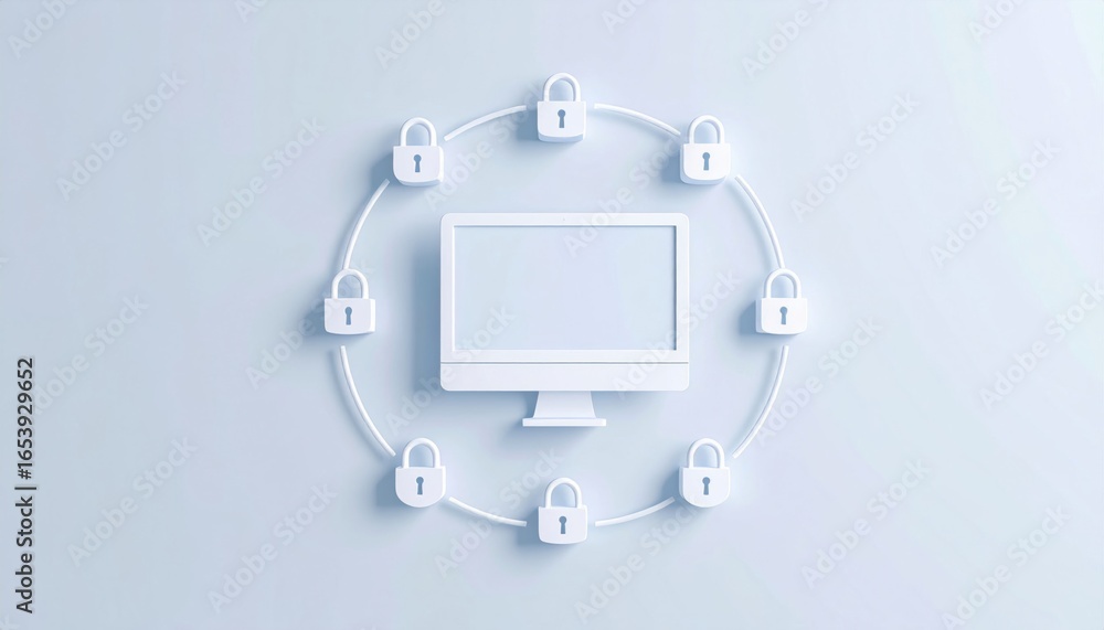 Poster minimalist illustration of a computer monitor encircled by padlocks, symbolizing cybersecurity, data