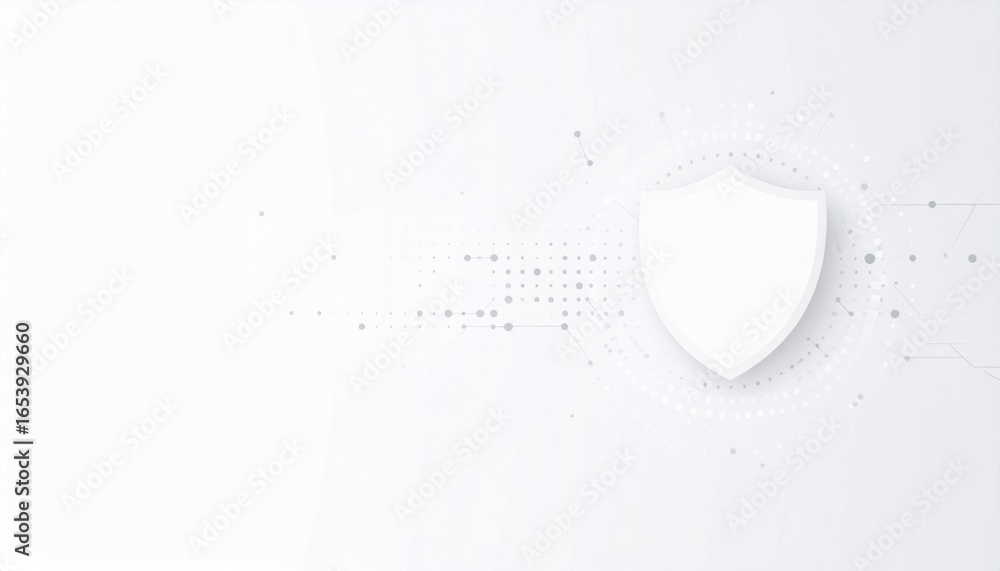 Poster minimal white tech background with a shield icon symbolizing cybersecurity, data protection, and dig