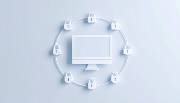 Minimalist illustration of a computer monitor encircled by padlocks, symbolizing cybersecurity, data protection, and secure network access