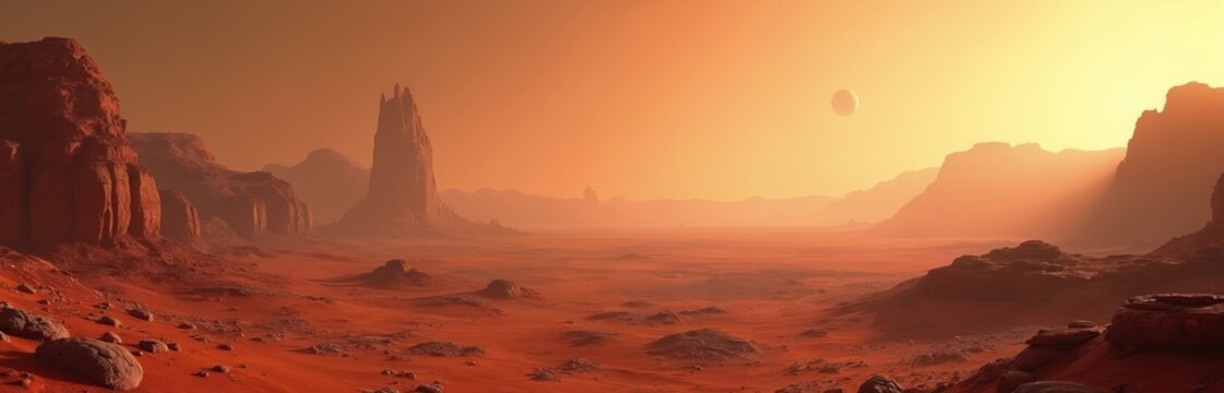 Mars landscape panorama with rugged terrain, distant futuristic structures under hazy orange sky. Celestial body hangs in sky, suggesting exploration, advanced technology. Scene evokes sci-fi themes, - Powered by Adobe