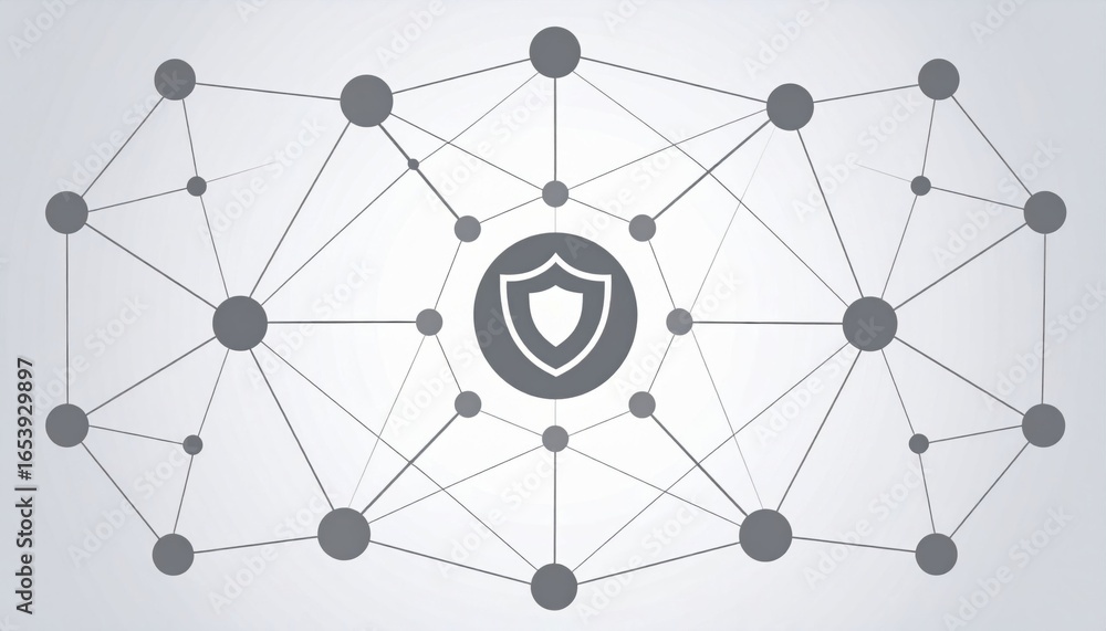 Poster abstract network of interconnected nodes with a central shield, symbolizing cybersecurity, data prot