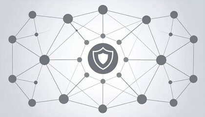 Abstract network of interconnected nodes with a central shield, symbolizing cybersecurity, data protection, and secure distributed connections.