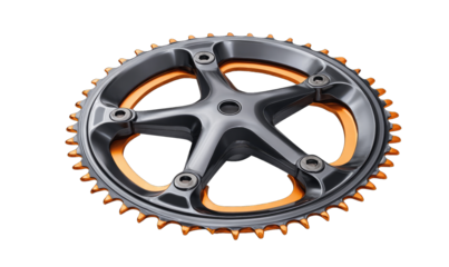 Close-up of a bike chainring, dark gray, with orange accents