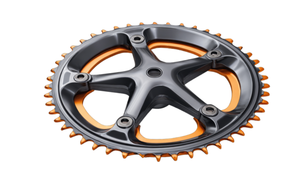 Close-up of a bike chainring, dark gray, with orange accents