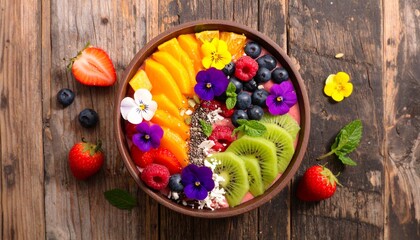 Delicious and colorful smoothie bowl topped with fresh fruits, granola, chia seeds, and edible flowers on a rustic wooden table, healthy breakfast.