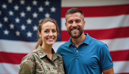 Proud military couple smiles before American flag. Woman in uniform, man in blue polo. Patriotic backdrop represents national pride, freedom. Families celebrate holidays, veterans, soldiers,