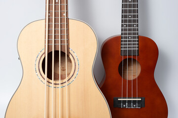 Four-string bass ukulele with wooden body and built-in tuner and pickup.
