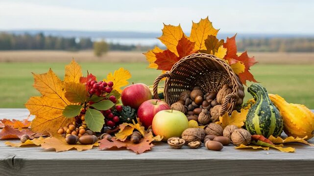 Fall harvest cornucopia with apples, walnuts, and gourds. Colorful autumn leaves on a rustic wooden table outdoors.