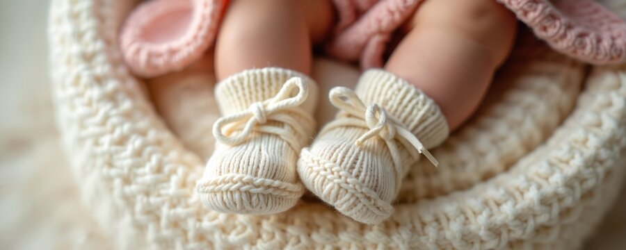 Close-up of tiny baby feet wearing soft, cream-colored knitted booties with delicate ties. Infant legs nestled in cozy, textured cream blanket, with hint of pink fabric visible. Heartwarming scene