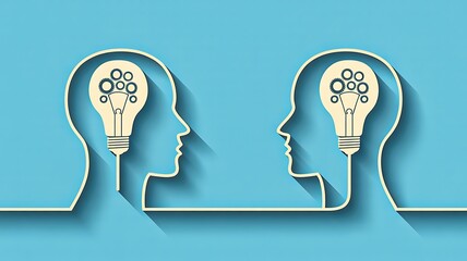 Creative idea exchange with human head silhouettes and light bulbs
