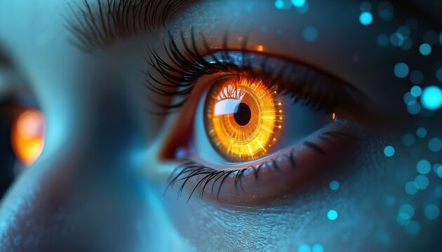 Close-up of robotic eye implant glowing orange, representing futuristic cybernetic technology and vision enhancement. Bionic eye symbolizes advancements in artificial intelligence and biotechnology.