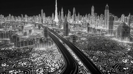 Aerial view of a city, rendered in a grayscale wireframe style. High-tech cityscape