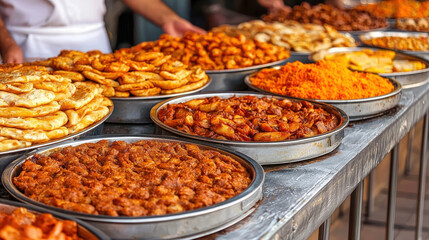 Obraz premium Vibrant Display of Traditional Pastries and Sweets at a Busy Market Stall with Rich Colors and Diverse Textures of Delicious Treats