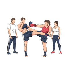 Obraz premium Pixelated Illustration Of Kickboxers In Action Against White Background With Two Spectators Observing In Casual Attire