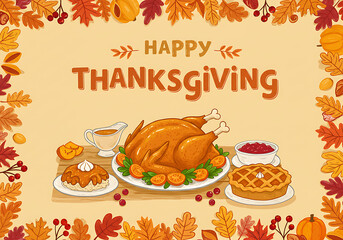 Autumnal Thanksgiving feast illustration with roasted turkey and pie.