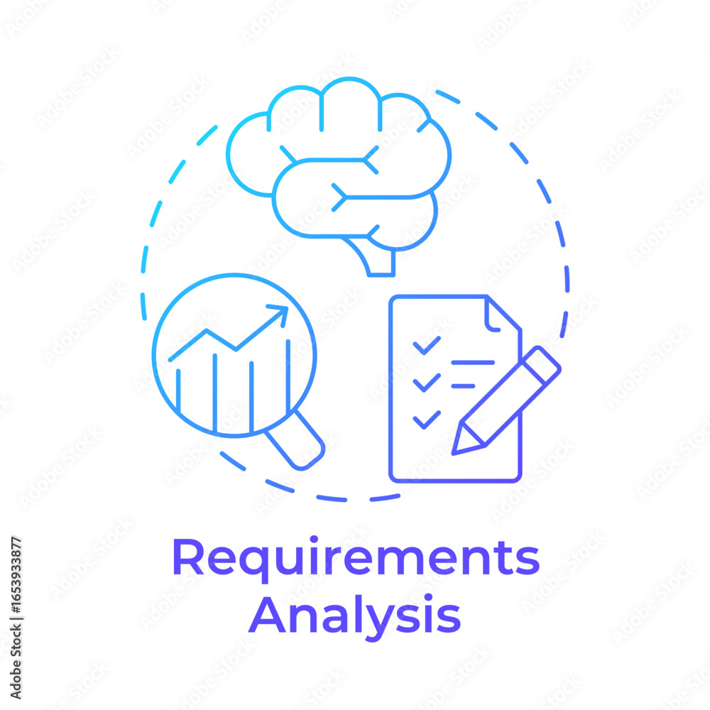 Aufkleber requirements analysis blue gradient concept icon. task list, brainstorm. statistical graph. round sh