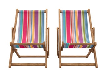 Two colorful striped beach chairs.  Wooden frames, vibrant multicolored fabric.  Relaxation, summer