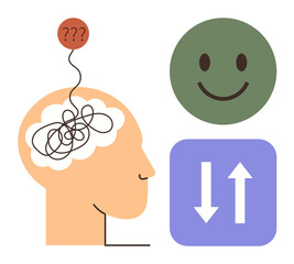 Tangled thoughts in a persons head, question marks, green smiling face, and directional arrows. Ideal for mental clarity, emotions, self-help, positivity, choices personal growth simple flat