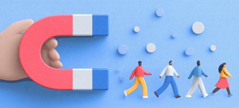 A hand holding a large magnet attracting people