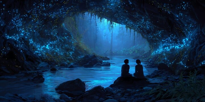 Couple exploring glowworm cave with bioluminescent lights in dark cavern environment scene at night.