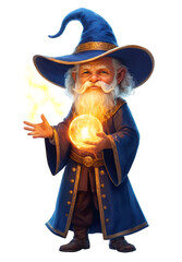 Fantasy illustration of a wise wizard in a blue robe and gold-trimmed hat, holding a glowing magical orb. 