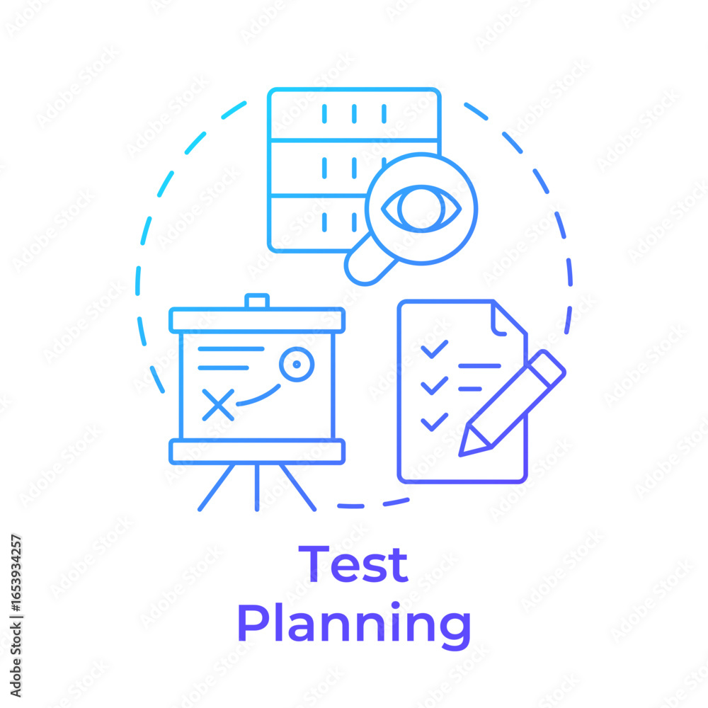 Poster test planning blue gradient concept icon. data management, servers. task list, strategy. round shape