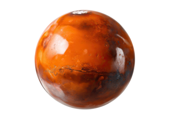 A vibrant, detailed image of Mars.  A round,  orange-red planet,  showing surface markings and highlights