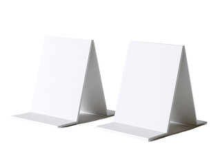 Two white, triangular, stand-up display holders,  positioned side by side