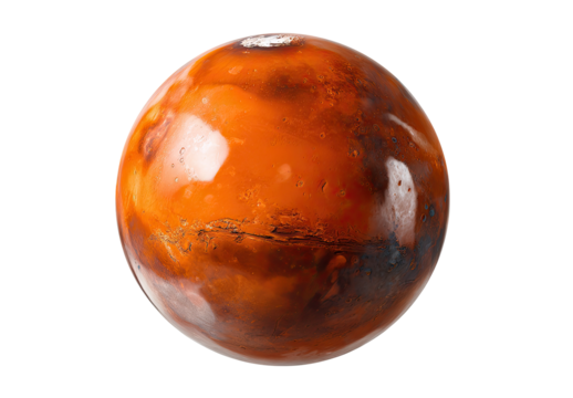 A vibrant, detailed image of Mars.  A round,  orange-red planet,  showing surface markings and highlights