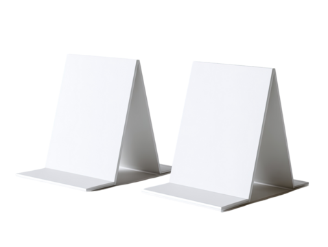 Two white, triangular, stand-up display holders,  positioned side by side