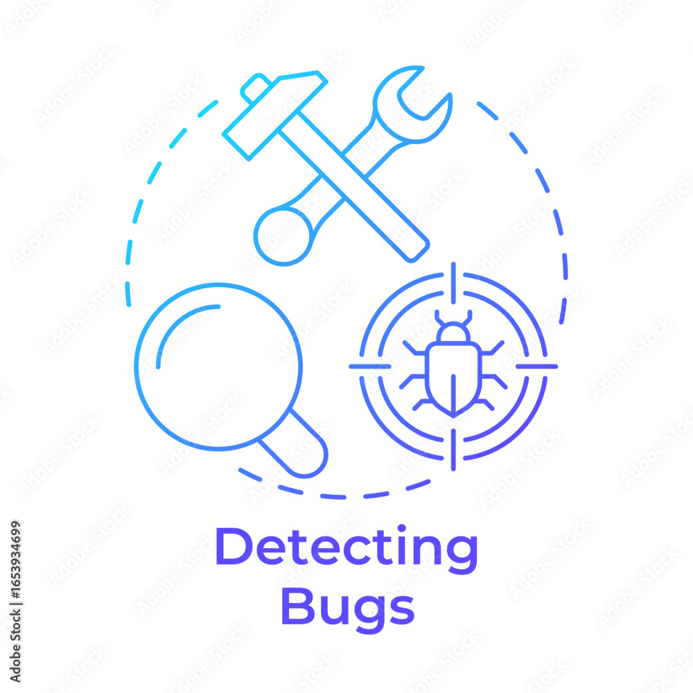 Poster detecting bugs blue gradient concept icon. software engineering. system maintenance. round shape lin