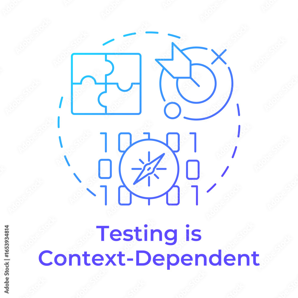 Poster testing is context-dependent blue gradient concept icon. system analysis. coding, programming. round