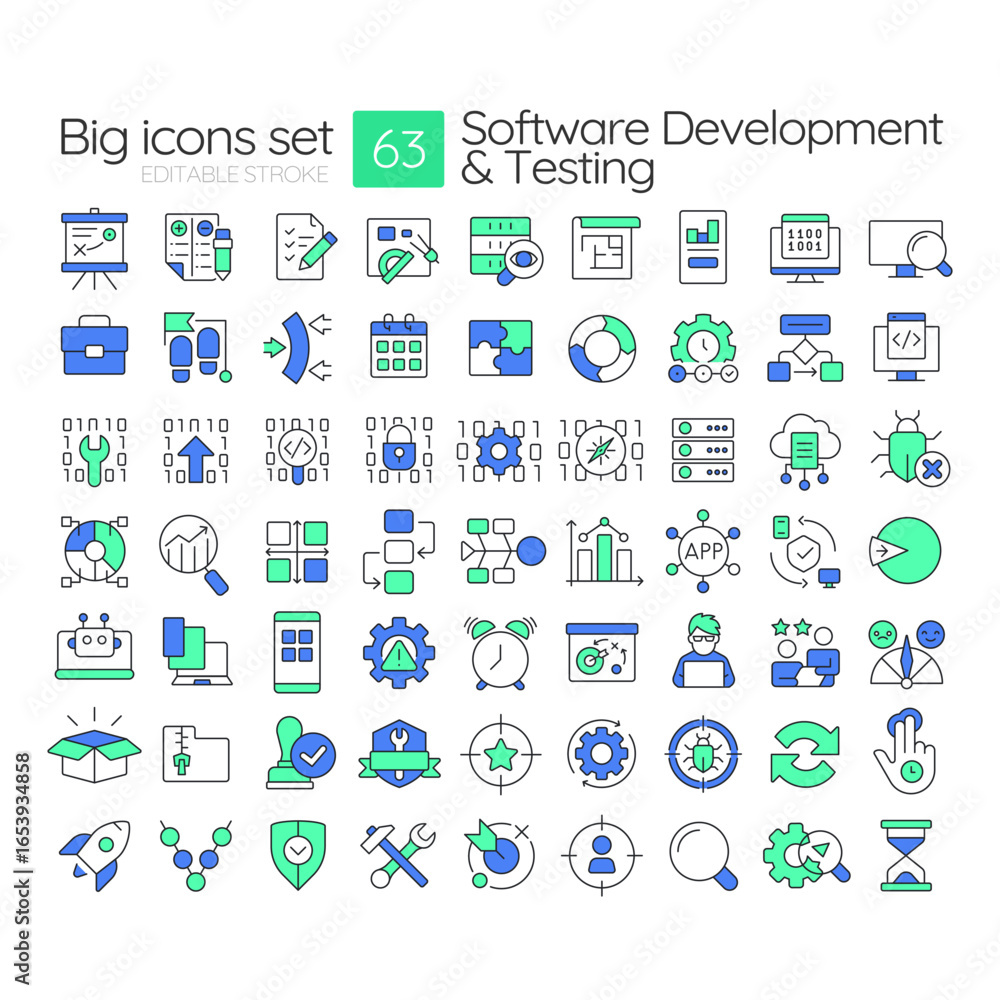 Poster software development and testing line color icons set. user experience, data management. programming
