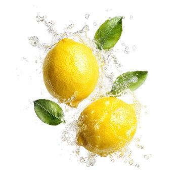 Two ripe lemons, glistening, surrounded by splashing liquid and vibrant green leaves