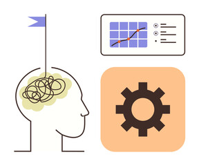Human head with tangled thoughts, upward flag symbolizing clarity, data analysis chart, and gear icon. Ideal for productivity, focus, problem-solving, analytics, brainstorming decision-making