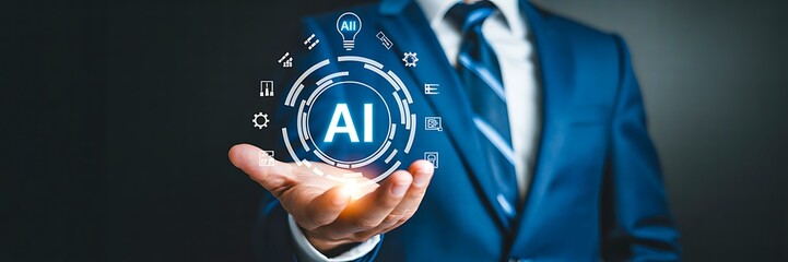 Businessman holding digital ai hologram representing artificial intelligence innovation

