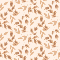 Hand painted leaves falling in spiral shapes, as a maximalist foliage pattern in colors of cream and brown on off white background. Botanical seamless vector pattern. Great for home decor, fabric, etc