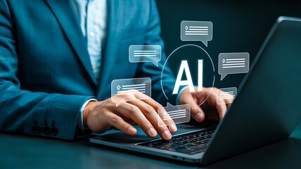 Businessman typing on laptop with ai icons and digital communication concept

