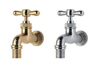 Two garden water faucets, one gold, one silver.  Both feature a classic design with a handle and a threaded connection