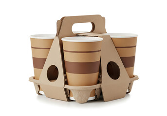 clay pots isolated on white, Four kraft paper cups held in cardboard carrier, perfect for takeaway delivery orders. Portable container designed for hot beverages like coffee, offering convenience for
