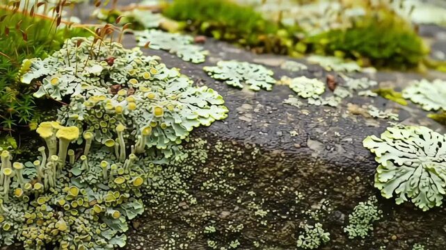 Close-up of vibrant lichen growing on a textured rock surface.