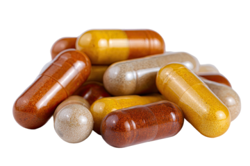 Close-up of various colored capsules