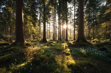 Obraz premium Sunlight filters through a dense forest, illuminating wildflowers
