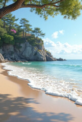 Fototapeta premium A serene turquoise bay on a tropical island with palm trees and a sandy coastline