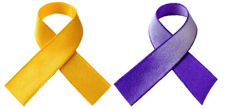 Two awareness ribbons, one gold, one purple, on a black background
