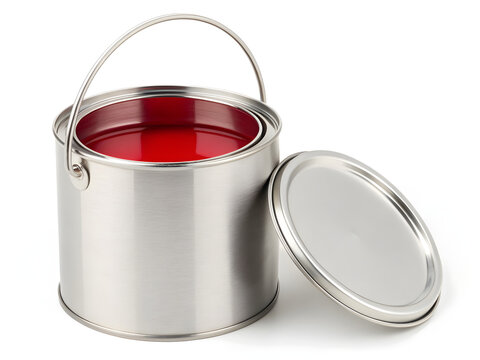 A metallic tin can filled with red paint stands next to a paint brush on a white isolated background