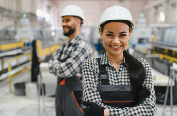 Smiling industrial workers wearing hard hats and overalls in factory