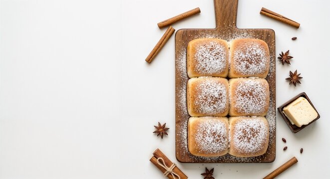 Rustic Bread Rolls with Cinnamon and Star Anise on Wooden Cutting Board
