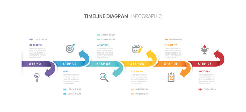 Business infographic 6 steps to success. Annual report, Business Timeline arrow presentation template. Vector illustration. - Powered by Adobe